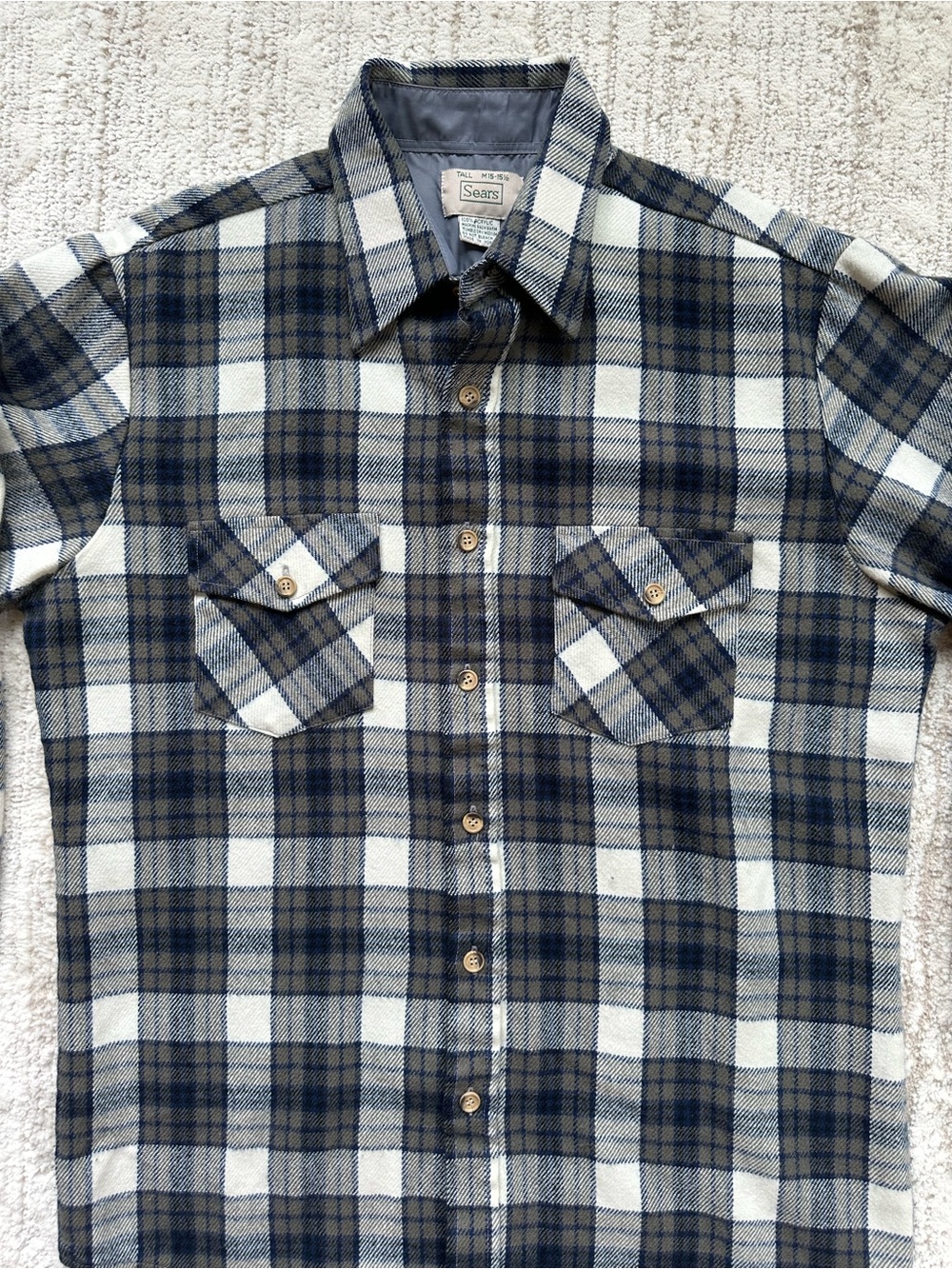Vintage Sears Flannel Button Down Shirt MEDIUM TALL 15-15 1/2 Plaid 100% Acrylic - Picture 5 of 10